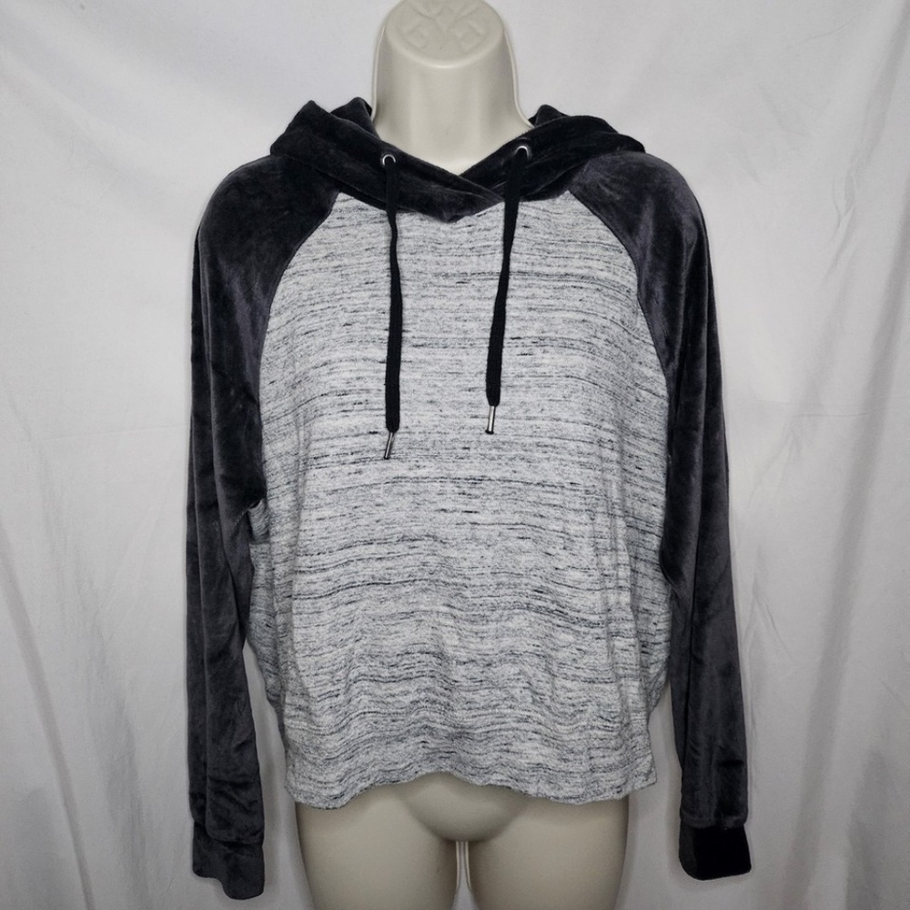 Womens Splendid Heather Gray Pullover Hoodie Sweatshirt Velour Sleeves Size S
